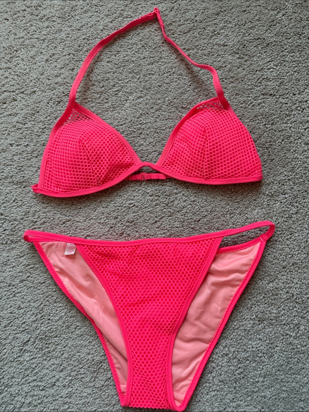 Victoria's Secret Neon Pink Mesh Triangle Bikini Set